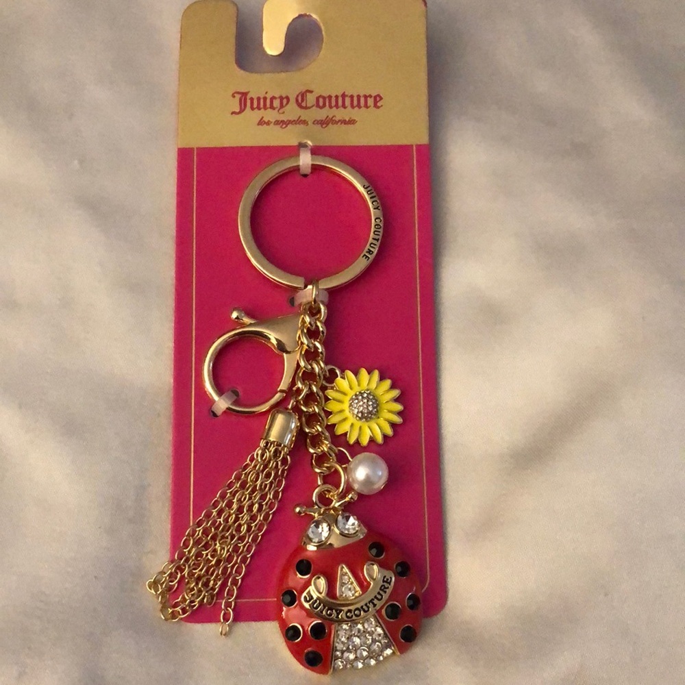 Juicy Couture Gold Tone & Red Ladybug & Daisy Keychain Bag Charm Crystal NEW